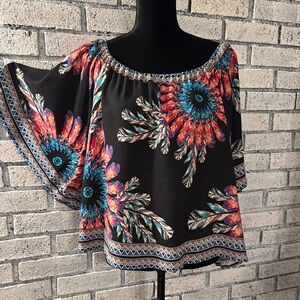 Red, Coral and Blue Blouse with black background Off Shoulder Stunning Sleeves